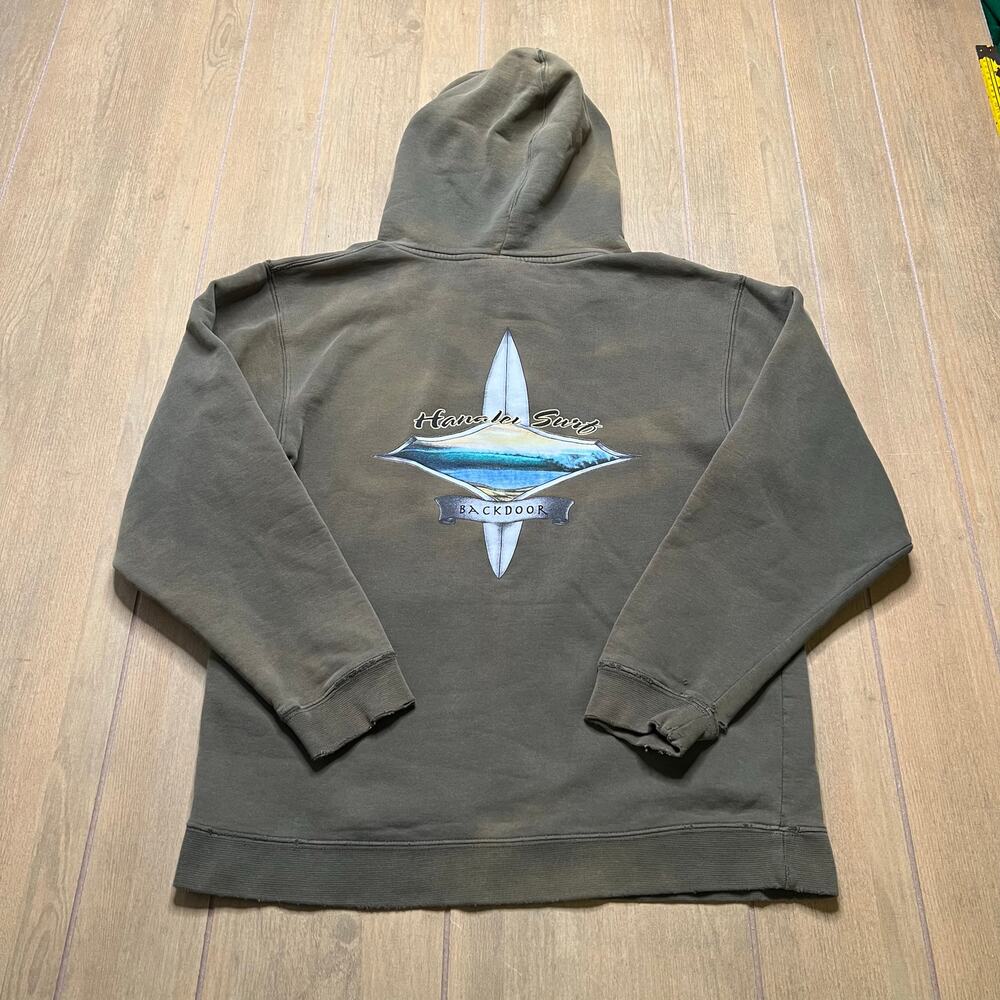 Vintage Y2K Hanalu Surf "Backdoor" hoodie Green‎ Santa Monica Distress Sz S USA